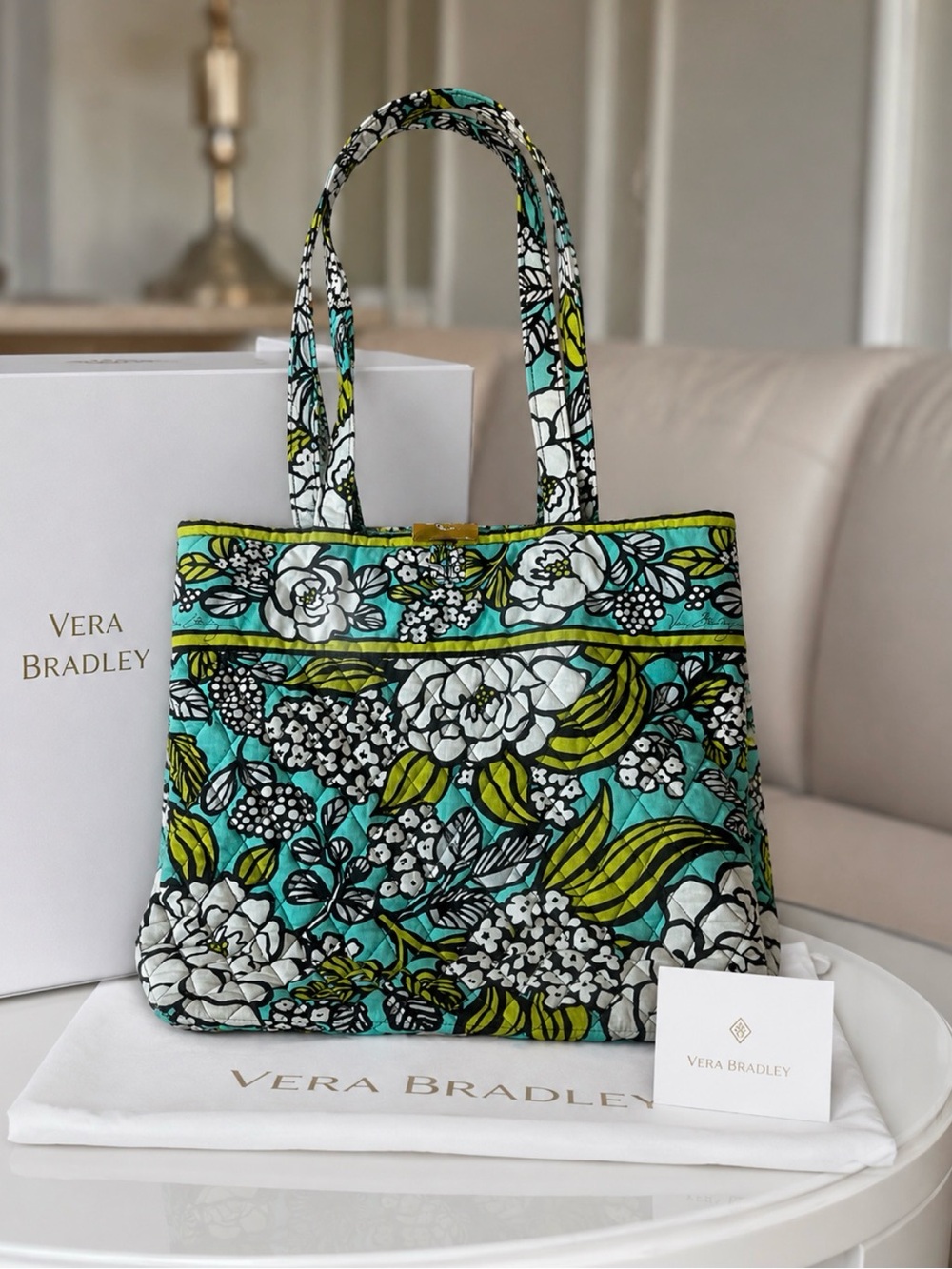 Vera Bradley Turquoise Floral Quilted Tote with Lime Accents